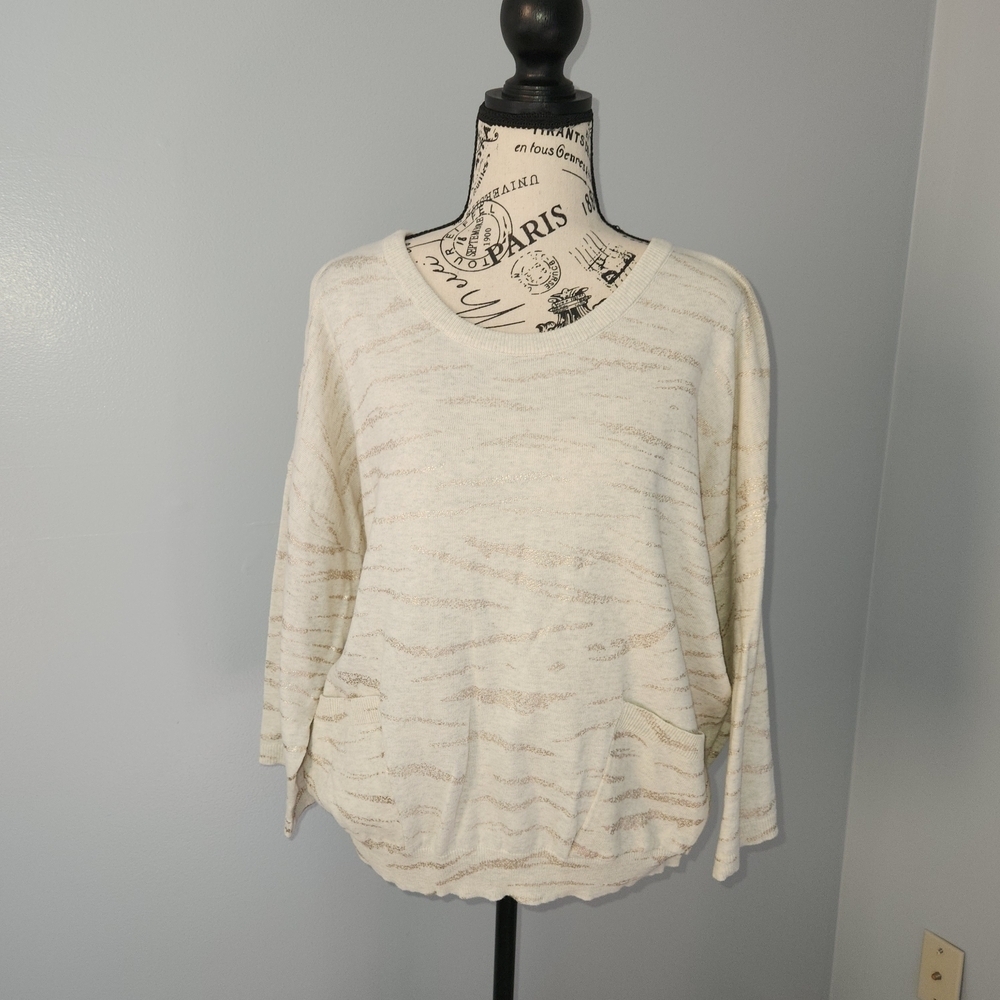 Democracy Women Sweater Pockets Cream Beige 100% Cotton Size Large - Picture 2 of 10